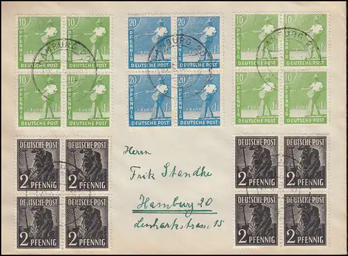 Währungsreform Zehnfachfrankatur 943+946+950 auf Ortsbrief HAMBURG 22.6.1948