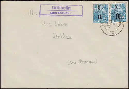 Landpost-Stempel Döbbelin über STENDAL 20.3.1955 auf Fernbrief mit DDR 437