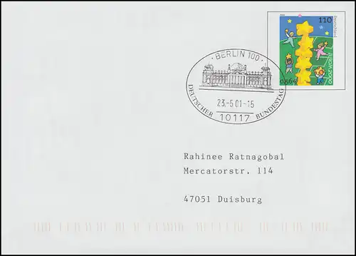 Enveloppe publicitaire WU 3 - sans carte, SSt BERLIN Deutscher Bundestag 2001