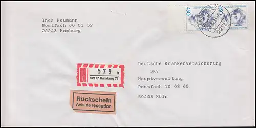 1614 Frauen als senkrechtes UR-Paar MeF R-Rücksschein-Brief HAMBURG 71 - 9.9.92