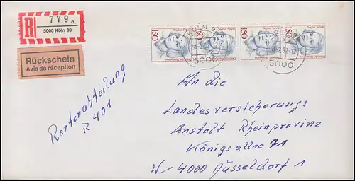 1497 Sophie Scholl senkr. Viererstreifen MeF R-Rückschein-Brief KÖLN 20.2.1992