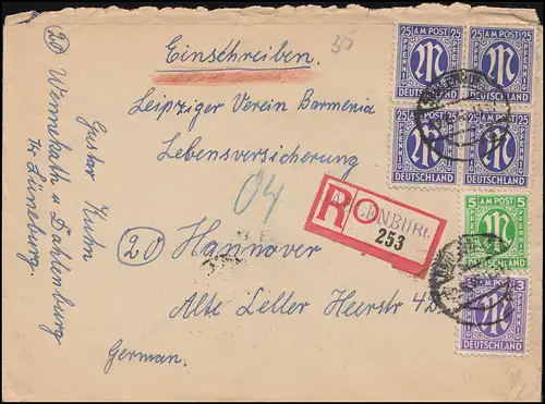1+9+19 AM-Post MeF mit 9 als Vbl. R-Bf. Not-R-Zettel DAHLENBURG 1946 n. Hannover