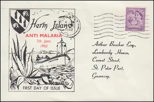 Île du canal Herm Island FDC avec des marques anti-palaria-Campaign 7.6.1962