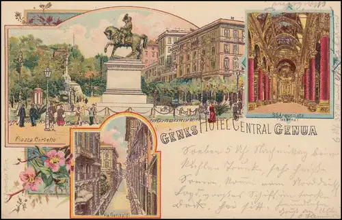 Italie Carte de vue Hotel Central à Gênes, GENUA d'après BRUNSCHWEIG 3.5.1898