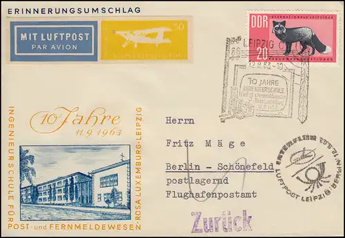 Luftpost INTERFLUG Leipzig-Berlin Schmuckbf. SSt LEIPZIG Ingenieurschule 12.9.63