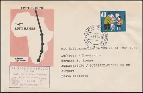 Premier vol Lufthansa LH 700 Boeing 720B Francfort/Main - Johannesburg le 14.5.1962