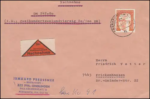 731 Heinemann 170 Pf. EF portogerechter Nachnahme-Brief FRANKFURT/MAIN 5.1.1973