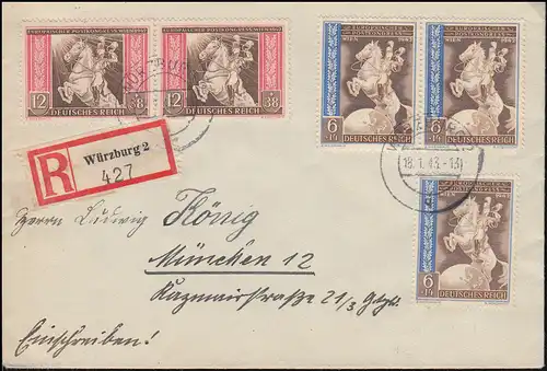 821+822 Postkongress in MiF R-Brief WÜRZBURG 18.1.1943 per Bahnpost nach München