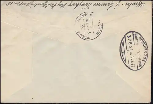 821+822 Congrès Postier à MiF R-Lettre WÜRZBURG 18.1.1943 par courrier ferroviaire à Munich