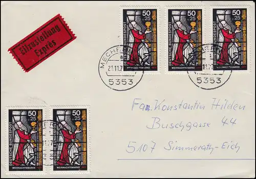 955 Noël: 5 timbres de bloc 15 comme MeF sur lettre d'urgence MECHERNICH 21.11.77