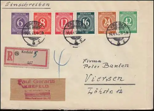 930ff Kontrollrat I Ziffern - MiF auf R-Brief Not-R-Zettel KREFELD 5 - 14.4.1948