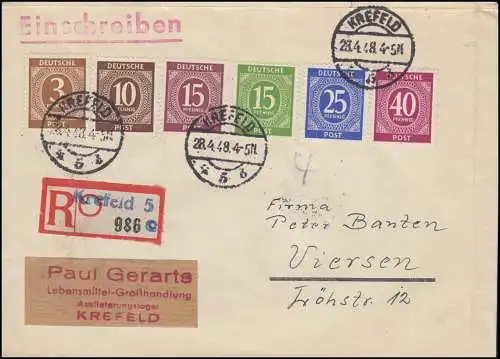 913ff Kontrollrat I Ziffern - MiF auf R-Brief Not-R-Zettel KREFELD 5 - 28.4.1948