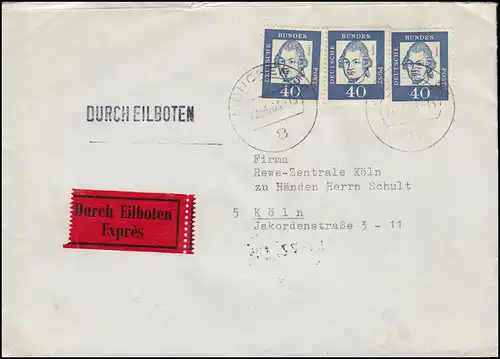 255y Bedeutende Deutsche 40 Pfennig 3mal als MeF auf Eil-Brief MÜNCHEN 22.5.1963