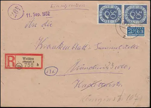 132 Posthorn 30 pfennig dans la paire verticale MeF sur lettre R WEIDEN 10.9.1952