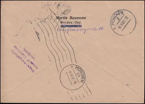132 Posthorn 30 Pfennig im senkrechten Paar MeF auf R-Brief WEIDEN 10.9.1952