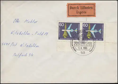 473 Verkehrsausstellung 60 Pf im Eck-Paar als MeF auf Eil-FDC ESSt BONN 1.4.1965