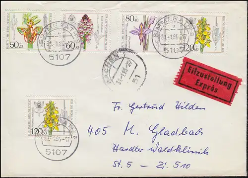 1225-1228 Wofa Orchidées 1984 avec 2 fois 1228 sur lettre d'urgence SIMMERATH 31.1.85