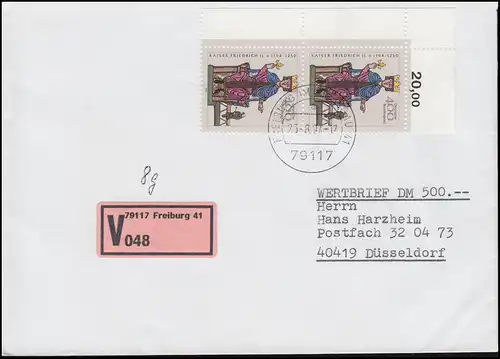 1738 Kaiser Friedrich II. als Eck-Randpaar MeF Wert-Brief FREIBURG 25.8.1997