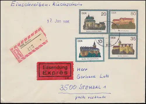 U 1 Burgen der DDR 1984 mit Zusatzfr. MiF Eil-R-Brief mit RS BERLIN 18.1.1985