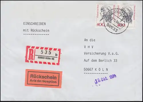 1582 Femmes 400 p. paire MeF RS-R-Lettre KÖLN 45 - 10.10.1994 comme lettre de ville