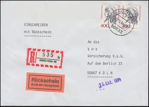 1582 Frauen 400 Pf. Paar MeF RS-R-Brief KÖLN 45 - 10.10.1994 als Ortsbrief
