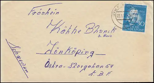 161 Telefon in Deutschland als EF auf Auslandsbrief RENDSBURG 22.1.1953