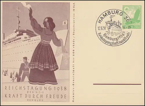 P 246 Aéroport/Aigle 5 Pf Force par la joie, SSt HAMBURG Réunion du Reich 1938
