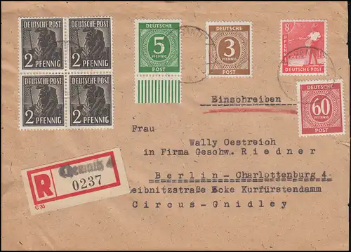 913ff Kontrollrat I+II als MiF R-Brief Not-R-Zettel CHEMNITZ 4 nach BERLIN 1947