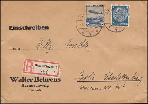 606 Flugpostmarke 50 Pf mit 514 Hindenburg MiF R-Brief BRAUNSCHWEIG 9.4.1936