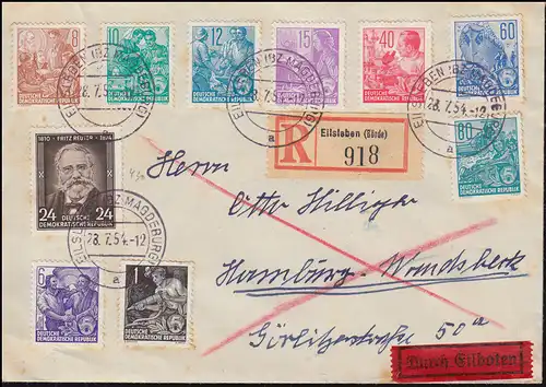 430 Reuter avec 9 valeurs Plan quinquennal Odr./Bdr sur lettre EILSLEben 28.7.54