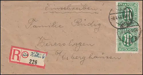 31 AM-Post 42 Pf. als Paar / MeF R-Brief Not-R-Zettel Köln CÖLN 6 - 8.4.1946