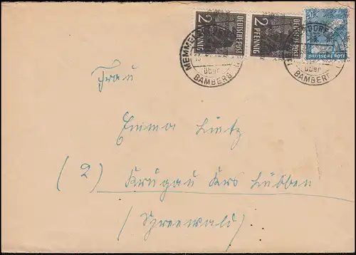 36I Band avec 43II réseau en tant que MiF sur lettre MEMELSDORF sur BAMBERG 1948