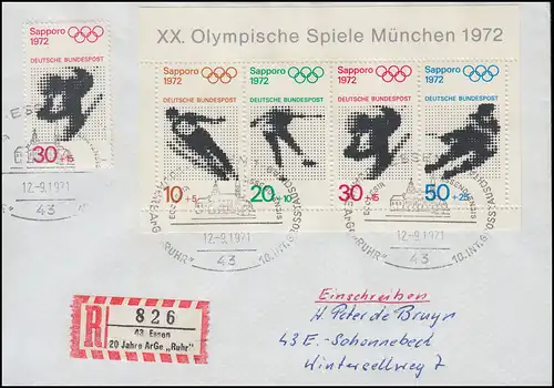 Sonder-R-Zettel 20 Jahre ARGE Ruhr auf R-Bf. mit Olympia-Block 6 SSt ESSEN 1971