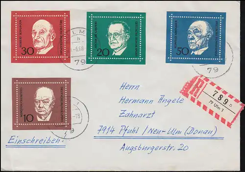 554-557 Satz aus Block 4 Konrad Adenauer als MiF auf R-Brief ULM 21.6.1968