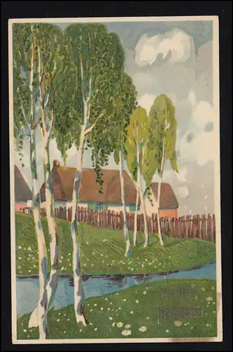 AK Pentecôte: Villageidylle avec bouleaux et rivière au printemps, GRAZ 3.6.1911