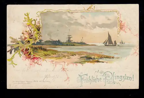 AK Pentecôte: Paysage côtier avec voiliers LEIPZIG 17.5.99 n. MUNICH 18.5.