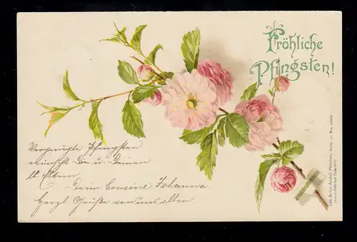 AK Pfingsten: Blumenzweig, MÜNCHEN 2.6.1900 nach FRANKFURT / MAIN 3.6.00