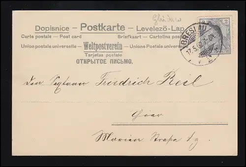 AK Pfingsten: Kutschenfahrt mit Amor, Ortspostkarte BRESLAU 17.5.1902