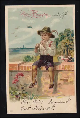 AK Pentecôte: Le musicien - Garçon avec flûte, poste ferroviaire KAMENZ-BISCHOFSWERDA 1903