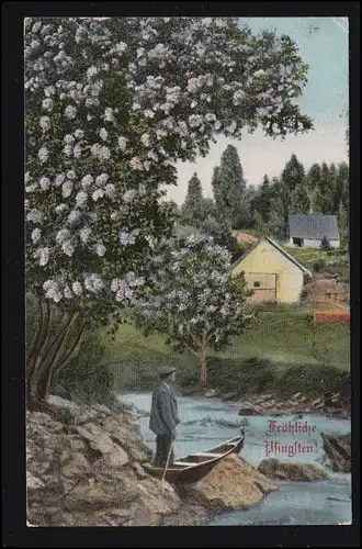 AK Pentecôte: Paysage fluvial avec ferry au printemps, ELBERFELD 25.5.1912