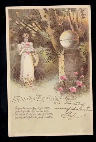 AK Pentecôte: Femme dans le parc avec poème, carte postale locale ELBERFELD 20.5.1899