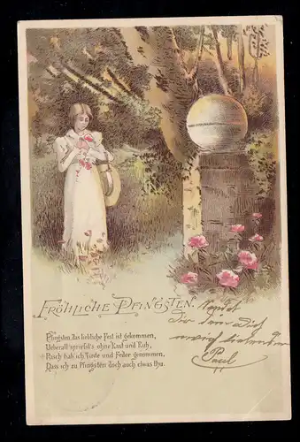 AK Pfingsten: Frau im Park mit Gedicht, Ortspostkarte ELBERFELD 20.5.1899