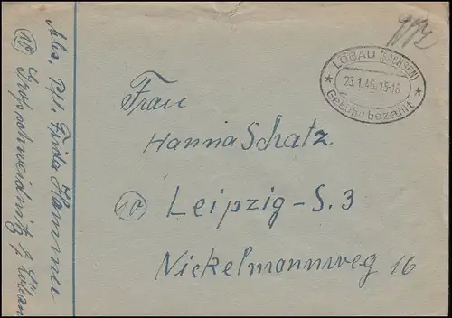 Gebühr-bezahlt-Stempel Löbau (Sachsen) 23.1.1946 auf Brief nach Leipzig