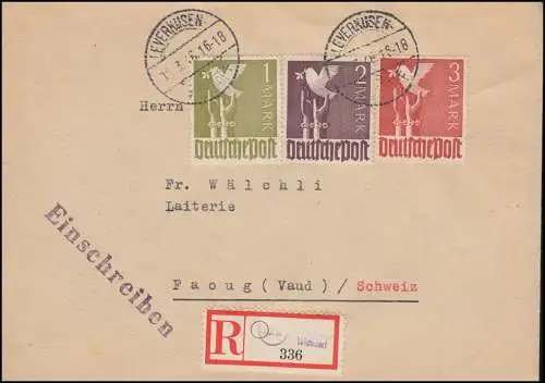 959+960+961 Communauté de pigeons 1+2+3 Mark Lettre R étrangère LEVERKUSEN 15.3.48