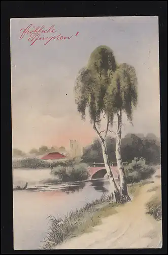AK Pfingsten: Landschaftsbild mit Fluss Brücke Birken WALD (RHEINLAND) 30.5.1914