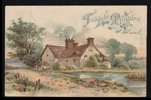 AK Pfingsten: Landschaftsbild mit Haus am See, gelaufen um 1910
