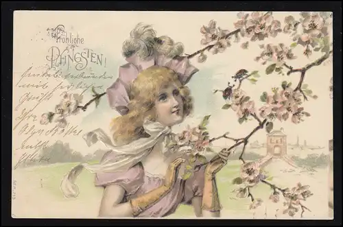 AK Pfingsten: Frau im violetten Kleid Zweig mit Maikäfer, HANNOVER 10.6.1905
