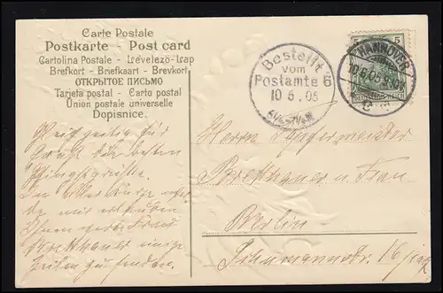 AK Pfingsten: Frau im violetten Kleid Zweig mit Maikäfer, HANNOVER 10.6.1905