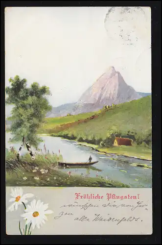 AK Pfingsten: Landschaft mit Fluss Kahn Birken Gebirge, 18.5.1907 