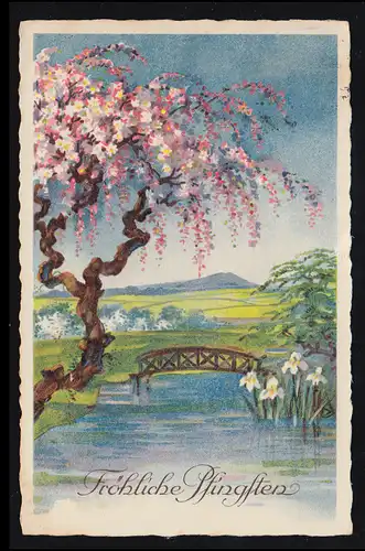 AK Pfingsten: Frühlingserblühen am Fluss mit Brücke, BERLIN-KARLSHORST 22.5.1931